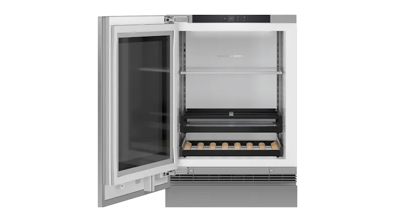 Open 129L smart bar fridge showing internal shelving and a custom exterior panel Open 129L smart bar fridge showing internal shelving and a custom exterior panel