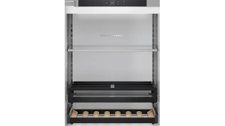 Interior view of a Fisher & Paykel beverage centre, featuring a digital control panel and adjustable shelf Interior view of a Fisher & Paykel beverage centre, featuring a digital control panel and adjustable shelf