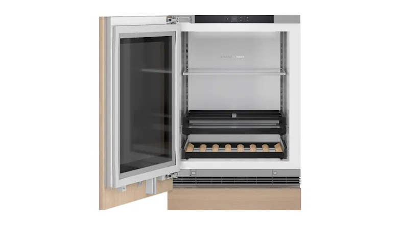 Fisher & Paykel beverage centre with an open door, installed with a light wood custom cabinetry panel Fisher & Paykel beverage centre with an open door, installed with a light wood custom cabinetry panel