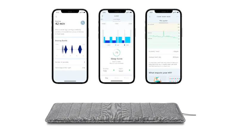 The companion app showing data for Snoring, Sleep Score, and Heart Rate The companion app showing data for Snoring, Sleep Score, and Heart Rate