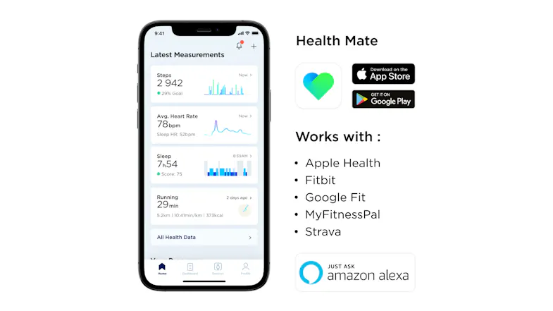 Withings Health Mate app’s dashboard showing Steps, Heart Rate, Sleep, and Running metrics Withings Health Mate app’s dashboard showing Steps, Heart Rate, Sleep, and Running metrics