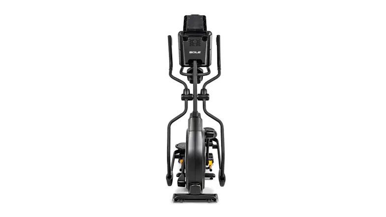 A rear view of a black Sole E25 elliptical machine showing its vertical alignment and symmetry A rear view of a black Sole E25 elliptical machine showing its vertical alignment and symmetry