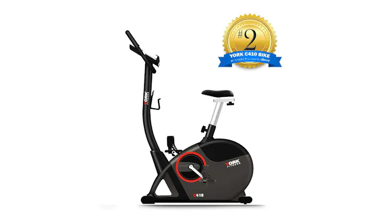 York Fitness C410 exercise bike with a gold #2 award badge indicating runner-up status York Fitness C410 exercise bike with a gold #2 award badge indicating runner-up status