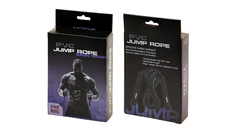 Retail packaging for the York PVC Aerobic Speed Jump Rope, showing front and back box designs with product details Retail packaging for the York PVC Aerobic Speed Jump Rope, showing front and back box designs with product details