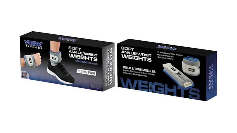 Two black boxes of York Fitness 1.5 kg ankle and wrist weights, showing product photos and text Two black boxes of York Fitness 1.5 kg ankle and wrist weights, showing product photos and text