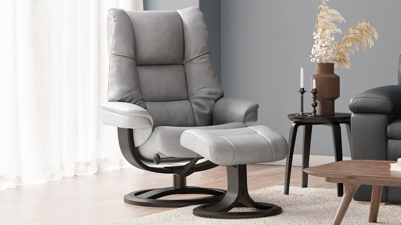 Freya Leather Recliner and Footstool - Grey Freya Leather Recliner and Footstool - Grey