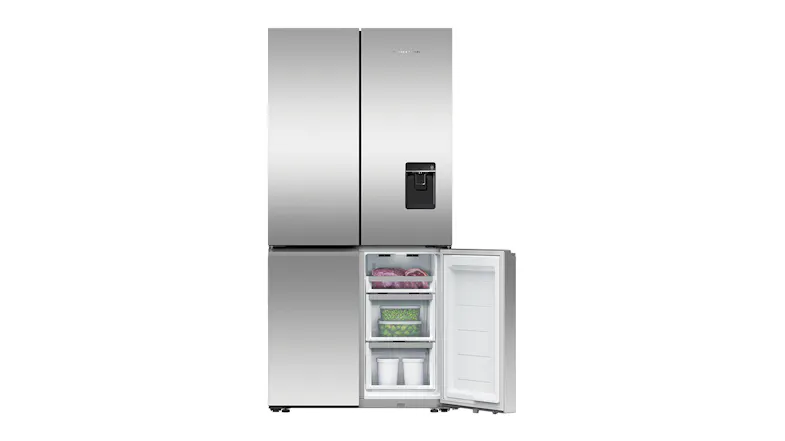 Fisher & Paykel Series 7 Quad Door in stainless steel with one empty lower freezer door open, showing drawers Fisher & Paykel Series 7 Quad Door in stainless steel with one empty lower freezer door open, showing drawers
