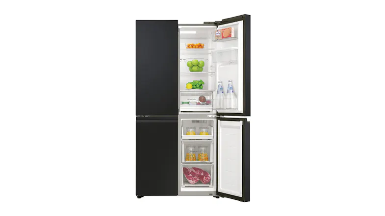 Black fridge with right doors open, showing organised shelves with stocks Black fridge with right doors open, showing organised shelves with stocks