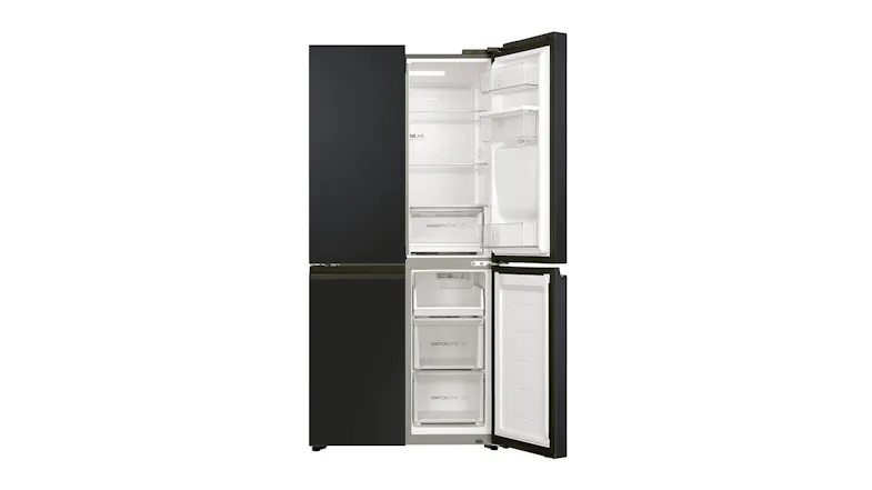 Empty black fridge with right doors open, featuring glass shelves, Humidity Zone drawer, and two SwitchZone freezer Empty black fridge with right doors open, featuring glass shelves, Humidity Zone drawer, and two SwitchZone freezer