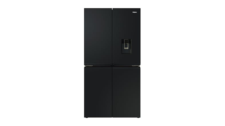 Front view of the Haier 600 Series 623L Quad Door Fridge Freezer in a sleek black finish with water dispenser Front view of the Haier 600 Series 623L Quad Door Fridge Freezer in a sleek black finish with water dispenser
