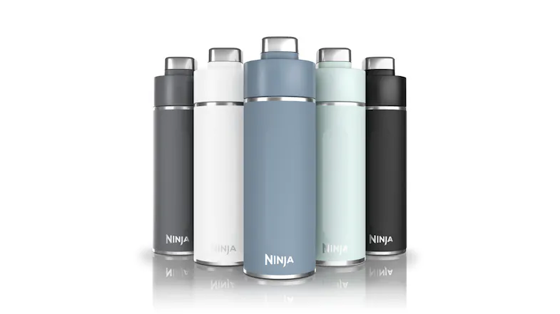 Five Ninja travel bottles in black, white, grey, blue, and mint colours standing upright on a reflective surface Five Ninja travel bottles in black, white, grey, blue, and mint colours standing upright on a reflective surface