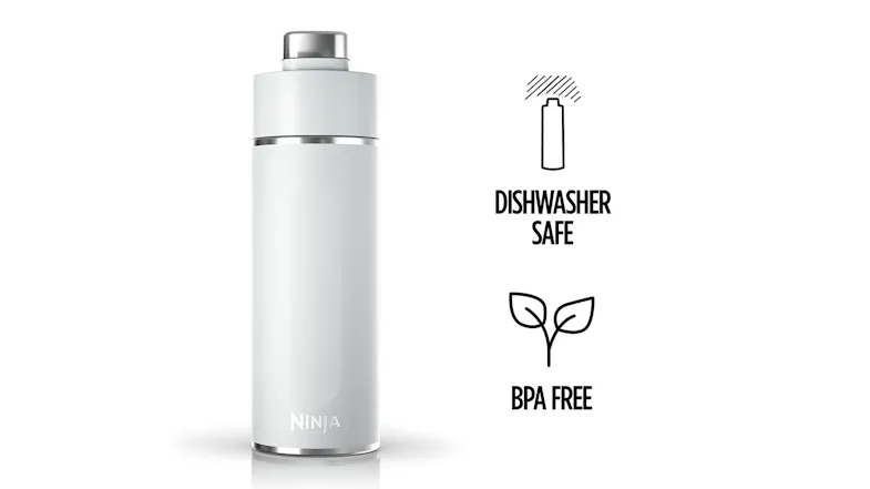 Ninja stainless steel bottle shown with BPA-free and dishwasher-safe features Ninja stainless steel bottle shown with BPA-free and dishwasher-safe features