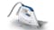 The white-and-blue steam iron comes with a hose attachment The white-and-blue steam iron comes with a hose attachment