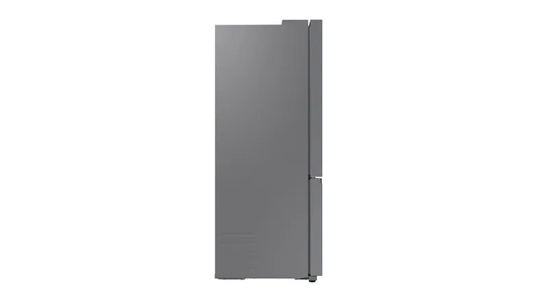 Side view of a stainless stell fridge freezer displaying slim profile and door alignment Side view of a stainless stell fridge freezer displaying slim profile and door alignment
