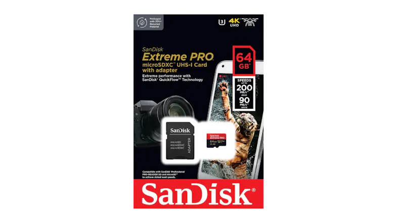 SanDisk Extreme Pro MicroSD Card with Adapter - 64GB (microSDXC, UHS-I, V30, U3, A2) SanDisk Extreme Pro MicroSD Card with Adapter - 64GB (microSDXC, UHS-I, V30, U3, A2)
