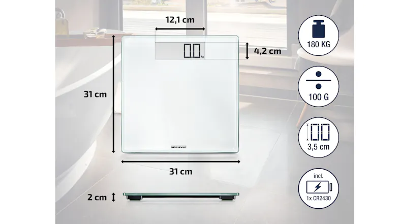 Sleek bathroom scale with digital display, compact 31 cm size and CR2430 battery included Sleek bathroom scale with digital display, compact 31 cm size and CR2430 battery included
