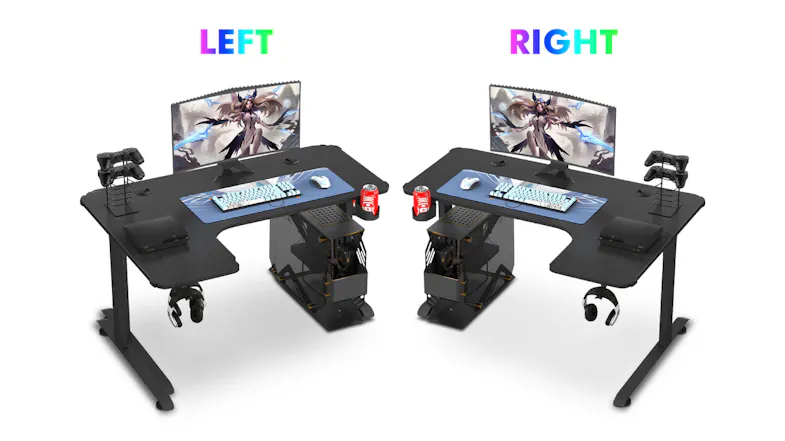 TSB Living Left-Handed L-Shaped Gaming Desk with Cup Holder, Headphone Hook - Carbon Fiber Texture TSB Living Left-Handed L-Shaped Gaming Desk with Cup Holder, Headphone Hook - Carbon Fiber Texture