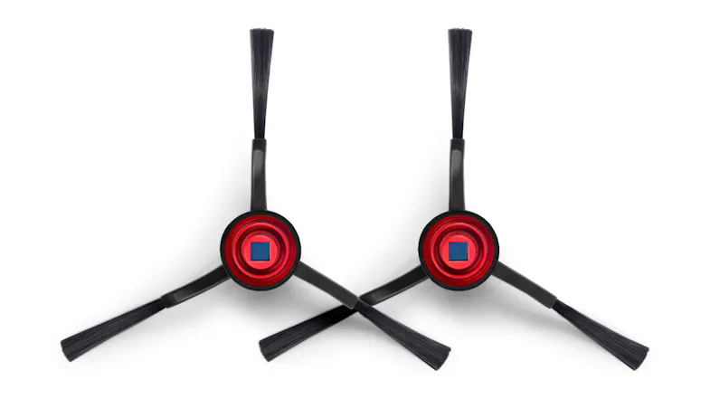 Two three‑armed side brushes with black bristles and red circular hubs, shown close together Two three‑armed side brushes with black bristles and red circular hubs, shown close together