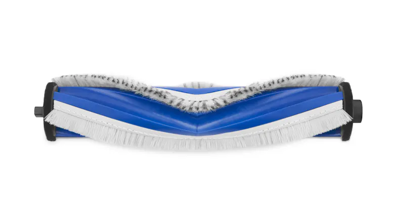 -Front view of the main roller brush featuring a blue rubber centre with dense white bristles with grey accents -Front view of the main roller brush featuring a blue rubber centre with dense white bristles with grey accents