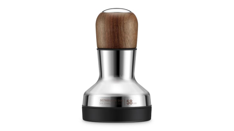 Stainless steel coffee tamper with a wooden handle and flat base, marked 58 mm Stainless steel coffee tamper with a wooden handle and flat base, marked 58 mm