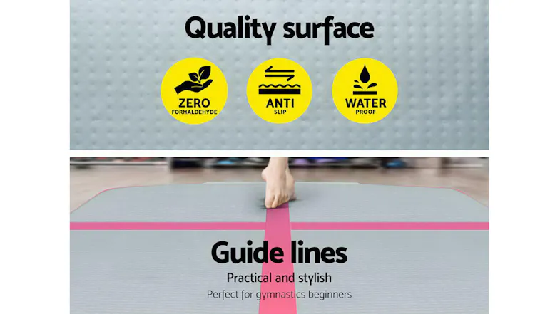 Air track surface with icons showing zero formaldehyde, anti-slip, and waterproof features above a grey textured mat Air track surface with icons showing zero formaldehyde, anti-slip, and waterproof features above a grey textured mat