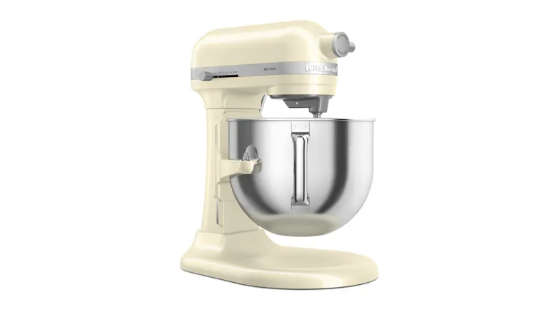 Angled view of the KitchenAid Artisan bowl‑lift stand mixer in Almond Cream with a stainless steel bowl locked Angled view of the KitchenAid Artisan bowl‑lift stand mixer in Almond Cream with a stainless steel bowl locked