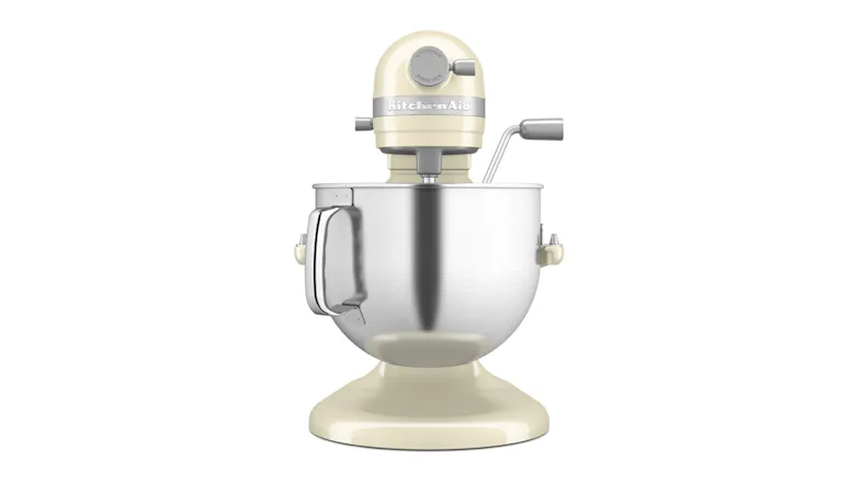 Front view of the KitchenAid Artisan Almond Cream bowl‑lift stand mixer with the stainless steel bowl raised Front view of the KitchenAid Artisan Almond Cream bowl‑lift stand mixer with the stainless steel bowl raised