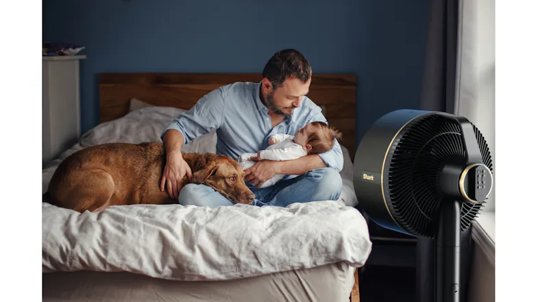 A tabletop fan is cooling a person gardening on a lawn with a dog standing nearby among plants A tabletop fan is cooling a person gardening on a lawn with a dog standing nearby among plants