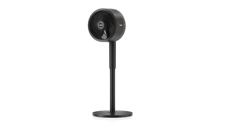 Tall grey and rose gold Shark FlexBreeze cordless pedestal fan with round head and sturdy circular base shown standing upright Tall grey and rose gold Shark FlexBreeze cordless pedestal fan with round head and sturdy circular base shown standing upright