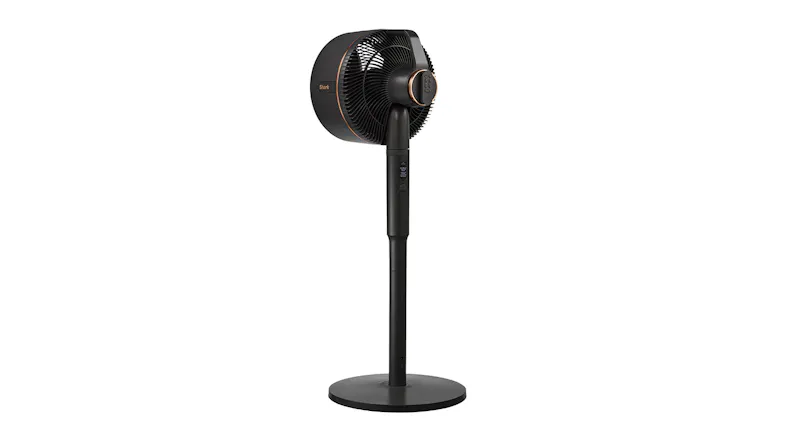 Rear view of the Shark FlexBreeze pedestal fan showing its ventilation fins, control panel area, and slim adjustable stand Rear view of the Shark FlexBreeze pedestal fan showing its ventilation fins, control panel area, and slim adjustable stand