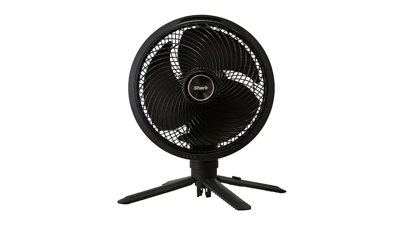 Rear angled view of the Shark FlexBreeze tabletop fan showing the control buttons, carry handle, and fold‑out support legs Rear angled view of the Shark FlexBreeze tabletop fan showing the control buttons, carry handle, and fold‑out support legs