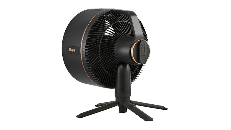 Shark FlexBreeze pedestal fan cooling an outdoor dining setup with food on the table and the fan positioned nearby Shark FlexBreeze pedestal fan cooling an outdoor dining setup with food on the table and the fan positioned nearby