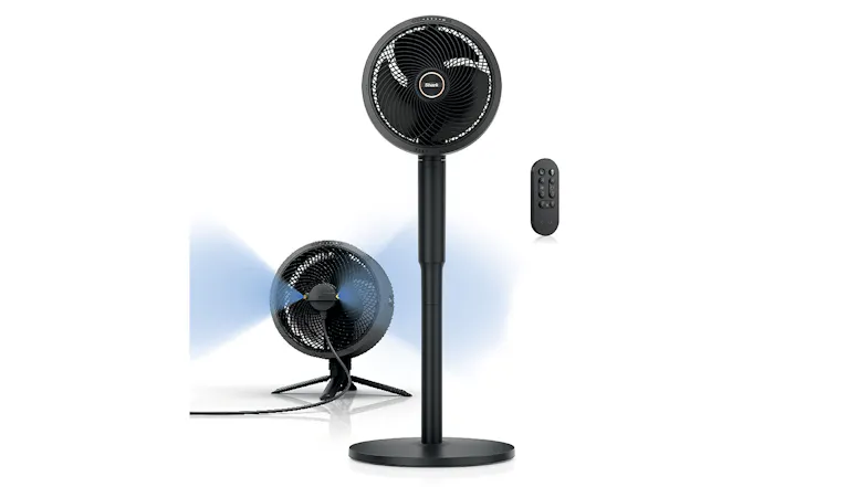 A person using the remote control to adjust a Shark FlexBreeze tabletop fan placed on a living room table A person using the remote control to adjust a Shark FlexBreeze tabletop fan placed on a living room table