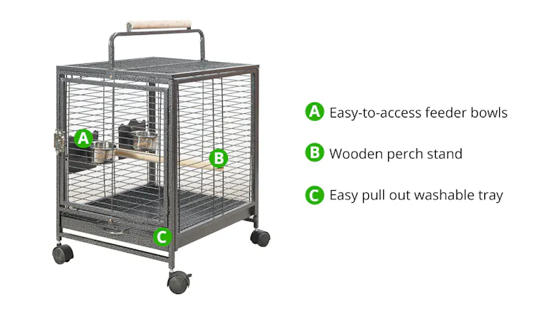 TSB Living Wheeled Travel Bird Cage with External Perch 52 x 42 x 75cm TSB Living Wheeled Travel Bird Cage with External Perch 52 x 42 x 75cm