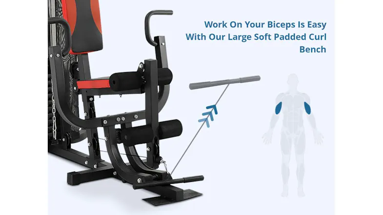 A close-up of the lower leg unit on the home gym with a diagram showing targeted bicep training using the low pulley bar A close-up of the lower leg unit on the home gym with a diagram showing targeted bicep training using the low pulley bar