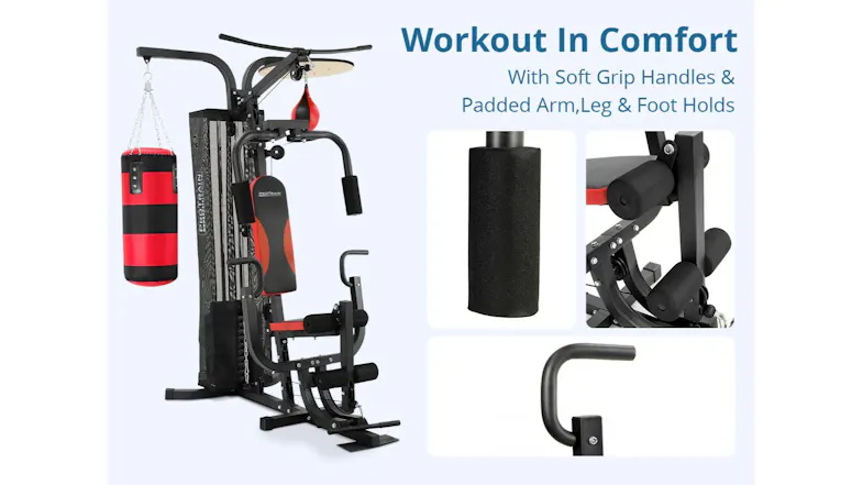 Close-up of the pulley wheel mechanism and weight stack enclosure, labelled with 110 lbs of adjustable fitness weight Close-up of the pulley wheel mechanism and weight stack enclosure, labelled with 110 lbs of adjustable fitness weight
