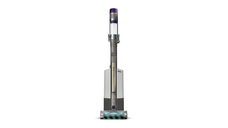 Front view of a Shark PowerDetect vacuum standing vertically on its clean and empty base Front view of a Shark PowerDetect vacuum standing vertically on its clean and empty base