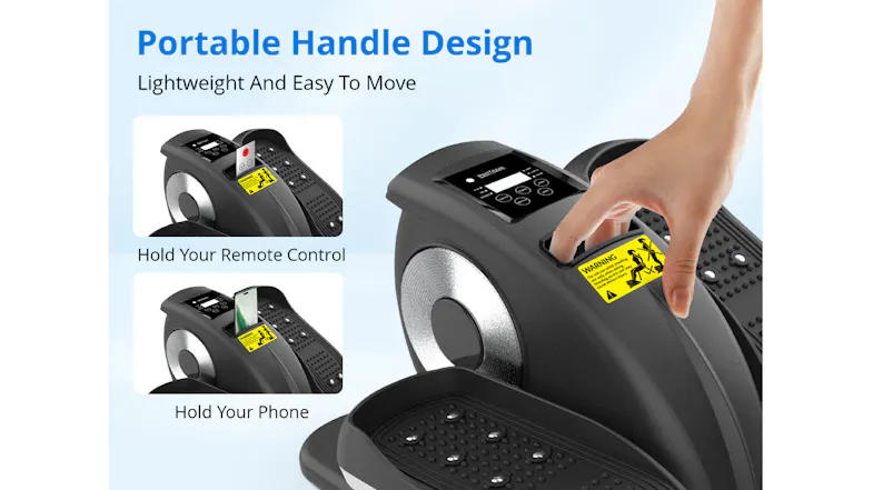 Hand lifting a pedal exerciser by the built-in handle; the slot holds a remote control or phone Hand lifting a pedal exerciser by the built-in handle; the slot holds a remote control or phone