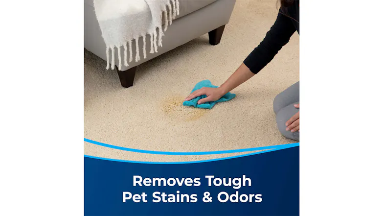 A hand wipes a damp cloth over a beige carpet stain near a sofa A hand wipes a damp cloth over a beige carpet stain near a sofa