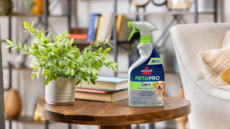 The Bissell Pet Pro Oxy Stain Destroyer spray bottle sits on a wooden table next to stacked books and a potted plant The Bissell Pet Pro Oxy Stain Destroyer spray bottle sits on a wooden table next to stacked books and a potted plant