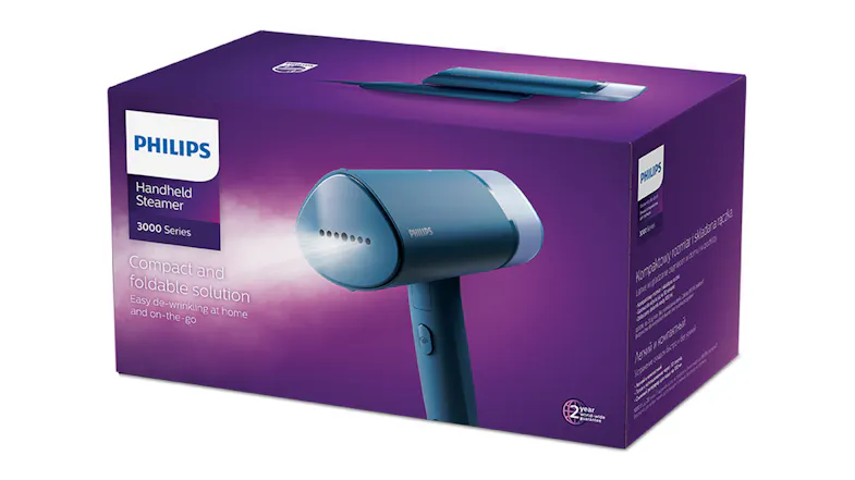 A packaging for the Philips handheld garment steamer A packaging for the Philips handheld garment steamer