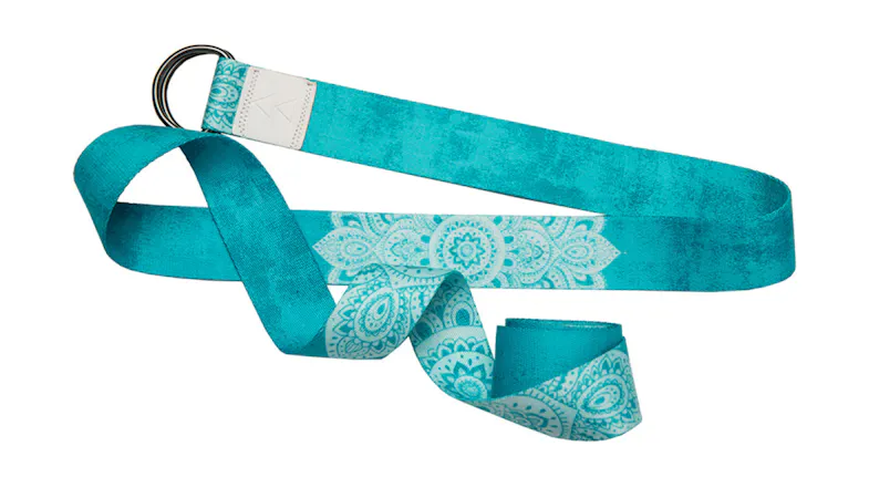 Turquoise yoga strap with mandala pattern and metal D-rings Turquoise yoga strap with mandala pattern and metal D-rings
