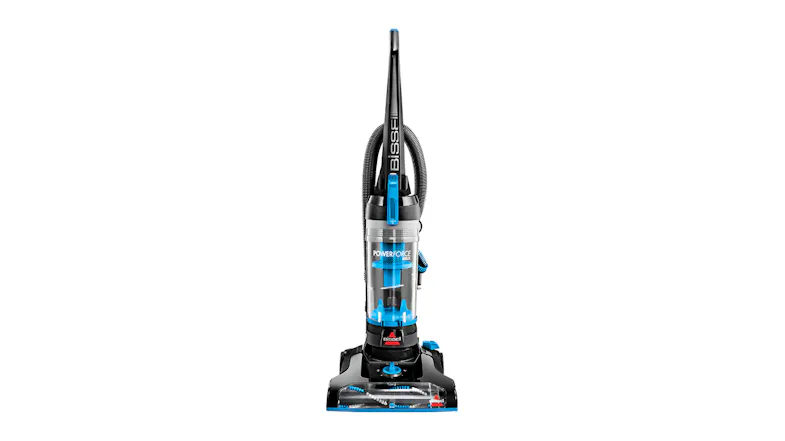 Front view of a black and blue upright bagless vacuum cleaner Front view of a black and blue upright bagless vacuum cleaner