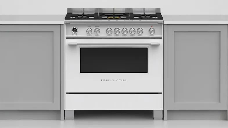 Fisher & Paykel 90cm Dual Fuel Freestanding Oven with Gas Cooktop - White (Series 9/OR90SCG6W1) Fisher & Paykel 90cm Dual Fuel Freestanding Oven with Gas Cooktop - White (Series 9/OR90SCG6W1)