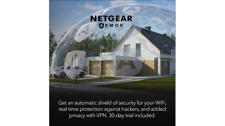 Modern house enclosed in safeguarded by digital dome featuring Netgear Armor Modern house enclosed in safeguarded by digital dome featuring Netgear Armor