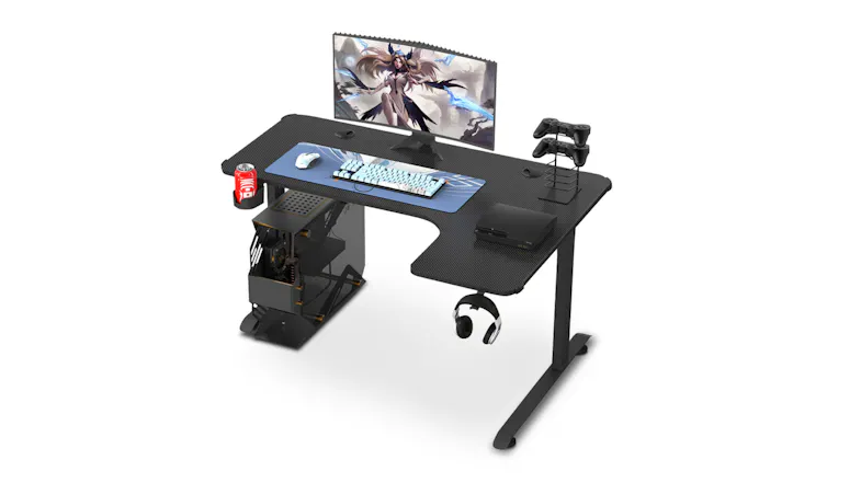 TSB Living Right-Handed L-Shaped Gaming Desk with Cup Holder, PC Tower Mount - Carbon Fiber Texture TSB Living Right-Handed L-Shaped Gaming Desk with Cup Holder, PC Tower Mount - Carbon Fiber Texture