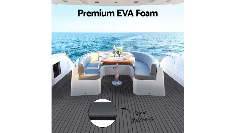 A boat deck with a curved seating area featuring grey camo flooring, labelled "Premium EVA Foam 6mm thickness” A boat deck with a curved seating area featuring grey camo flooring, labelled "Premium EVA Foam 6mm thickness”