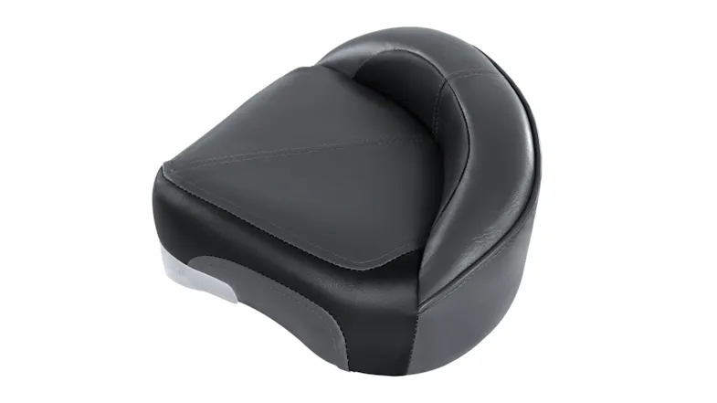Black leather boat seat with a raised backrest, shown from an angled side view, highlighting the contour and stitching Black leather boat seat with a raised backrest, shown from an angled side view, highlighting the contour and stitching