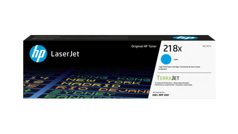 Front view of the box of HP 218X LaserJet Cyan Toner Cartridge Front view of the box of HP 218X LaserJet Cyan Toner Cartridge