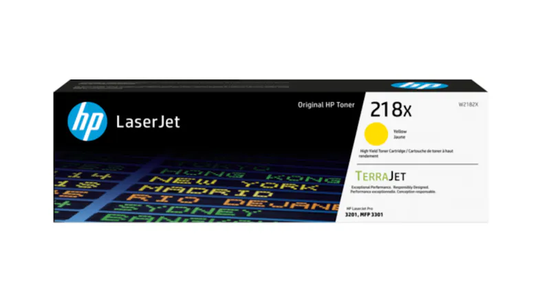Front view of the box of HP 218X LaserJet Yellow Toner Cartridge Front view of the box of HP 218X LaserJet Yellow Toner Cartridge